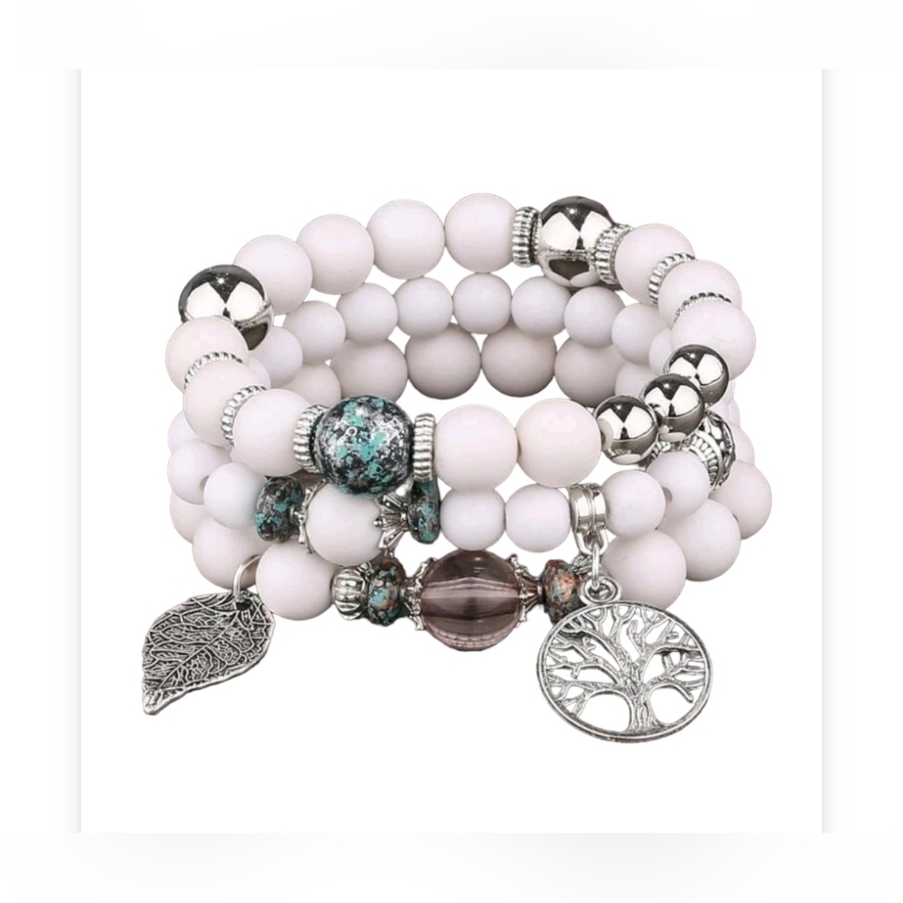 Silver and White Beaded Charm Bracelet Set